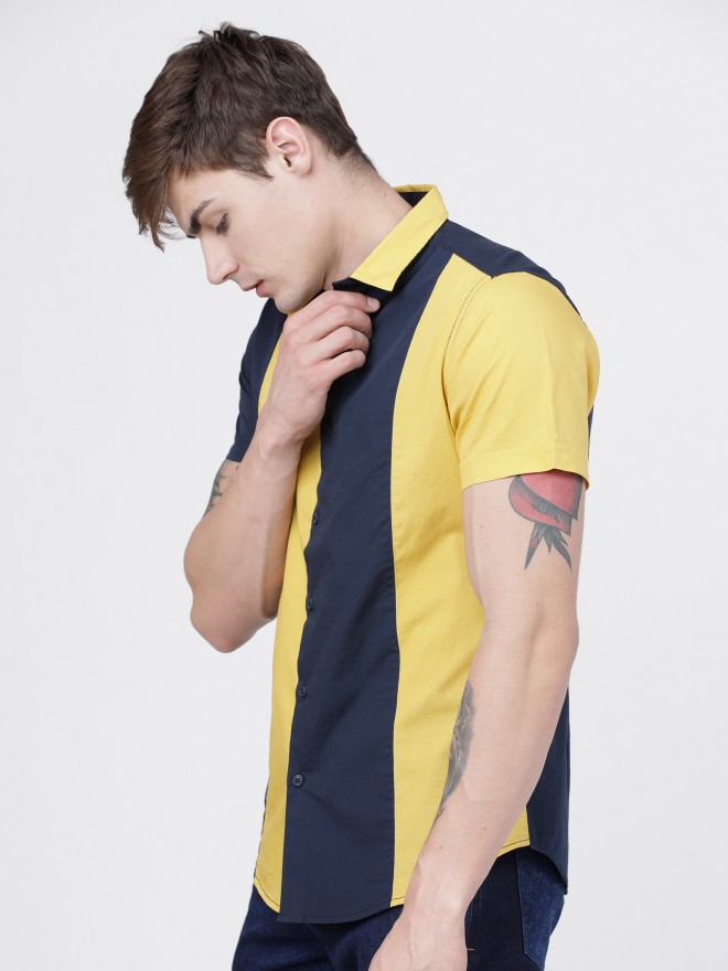 Buy Locomotive Mustard And Navy Blue Slim Fit Colourblocked Casual Shirt For Men Online At Rs469 5132